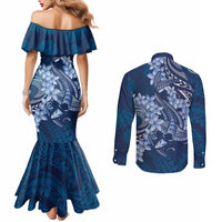 Navy Blue Polynesia Hammerhead Shark Tattoo With Plumeria Lei Couples Matching Mermaid Dress and Long Sleeve Button Shirt LT14 - Polynesian Pride