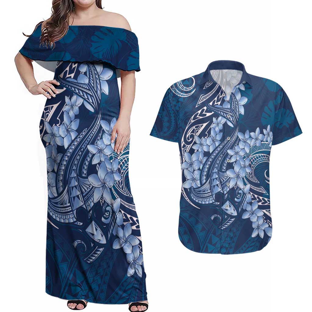Navy Blue Polynesia Hammerhead Shark Tattoo With Plumeria Lei Couples Matching Off Shoulder Maxi Dress and Hawaiian Shirt