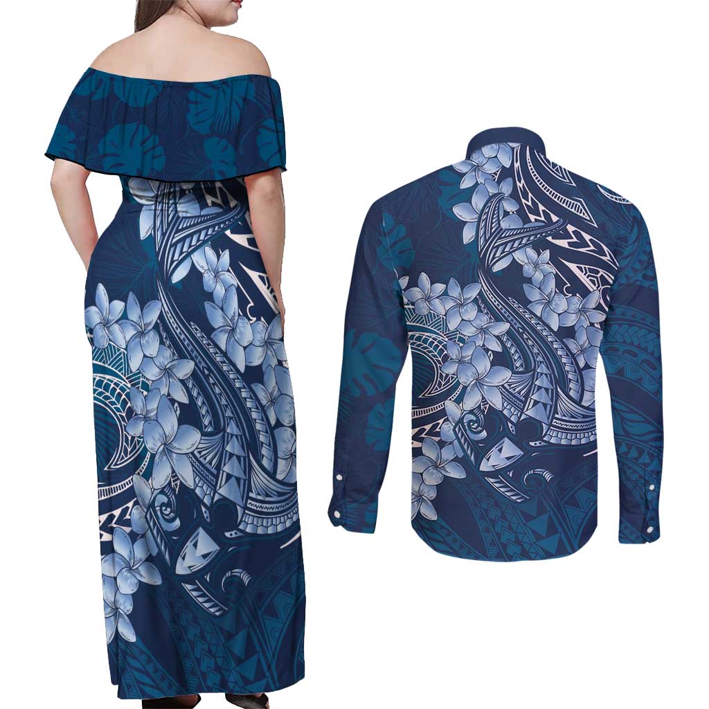 Navy Blue Polynesia Hammerhead Shark Tattoo With Plumeria Lei Couples Matching Off Shoulder Maxi Dress and Long Sleeve Button Shirt