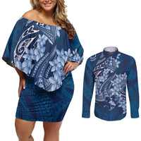 Navy Blue Polynesia Hammerhead Shark Tattoo With Plumeria Lei Couples Matching Off Shoulder Short Dress and Long Sleeve Button Shirt LT14 Navy Blue - Polynesian Pride