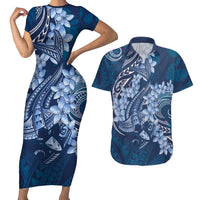 Navy Blue Polynesia Hammerhead Shark Tattoo With Plumeria Lei Couples Matching Short Sleeve Bodycon Dress and Hawaiian Shirt