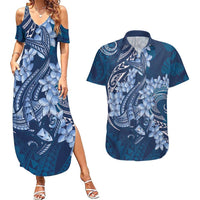 Navy Blue Polynesia Hammerhead Shark Tattoo With Plumeria Lei Couples Matching Summer Maxi Dress and Hawaiian Shirt