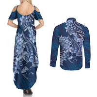 Navy Blue Polynesia Hammerhead Shark Tattoo With Plumeria Lei Couples Matching Summer Maxi Dress and Long Sleeve Button Shirt