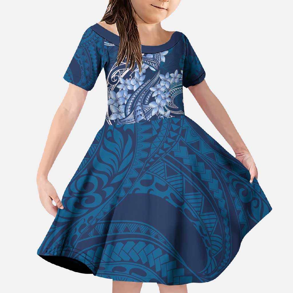Navy Blue Polynesia Hammerhead Shark Tattoo With Plumeria Lei Family Matching Long Sleeve Bodycon Dress and Hawaiian Shirt