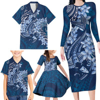 Navy Blue Polynesia Hammerhead Shark Tattoo With Plumeria Lei Family Matching Long Sleeve Bodycon Dress and Hawaiian Shirt