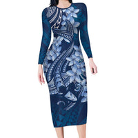 Navy Blue Polynesia Hammerhead Shark Tattoo With Plumeria Lei Family Matching Long Sleeve Bodycon Dress and Hawaiian Shirt
