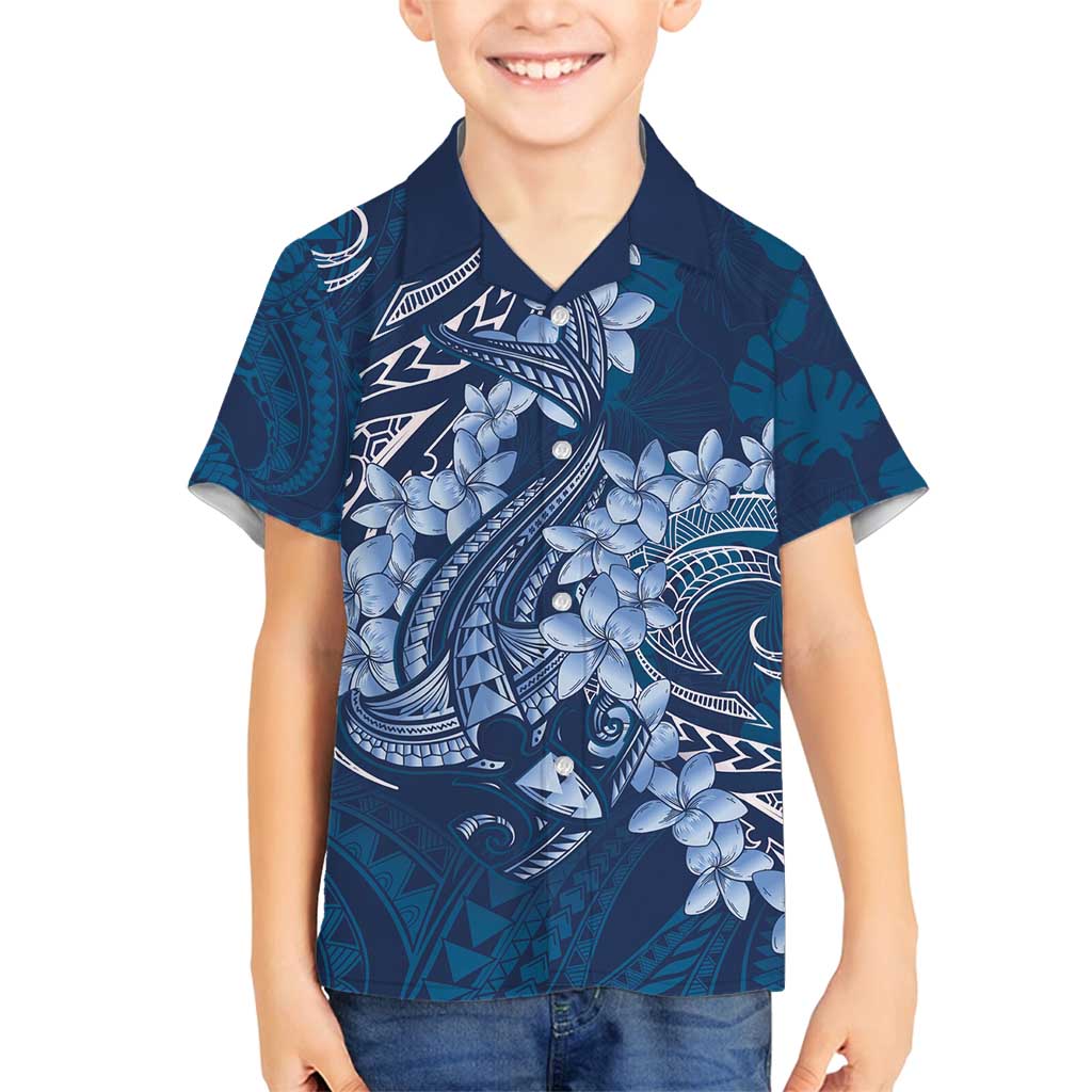 Navy Blue Polynesia Hammerhead Shark Tattoo With Plumeria Lei Family Matching Long Sleeve Bodycon Dress and Hawaiian Shirt