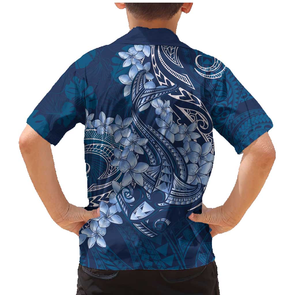 Navy Blue Polynesia Hammerhead Shark Tattoo With Plumeria Lei Family Matching Mermaid Dress and Hawaiian Shirt