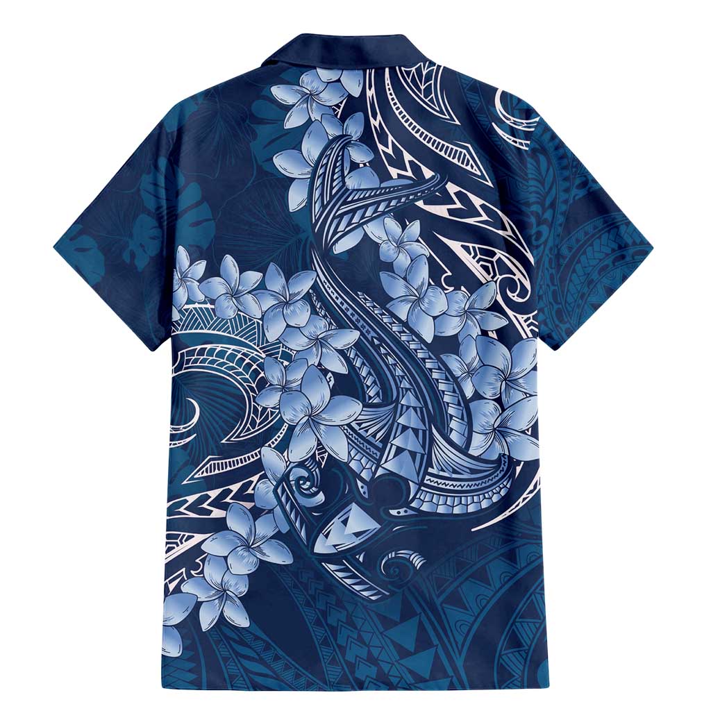 Navy Blue Polynesia Hammerhead Shark Tattoo With Plumeria Lei Family Matching Mermaid Dress and Hawaiian Shirt