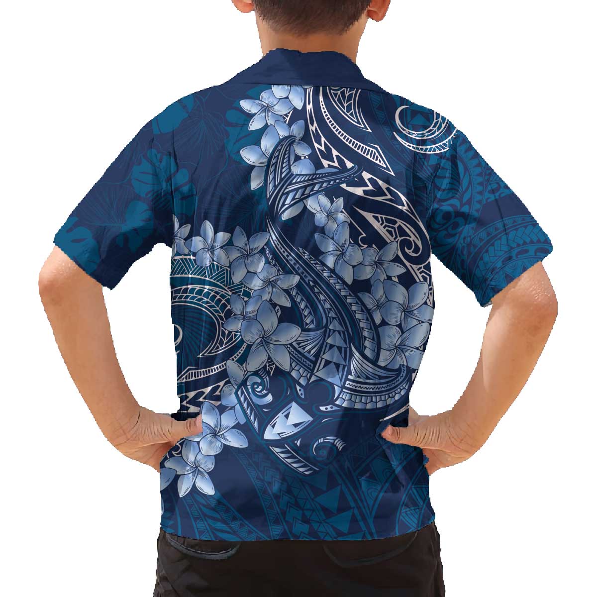 Navy Blue Polynesia Hammerhead Shark Tattoo With Plumeria Lei Family Matching Off The Shoulder Long Sleeve Dress and Hawaiian Shirt