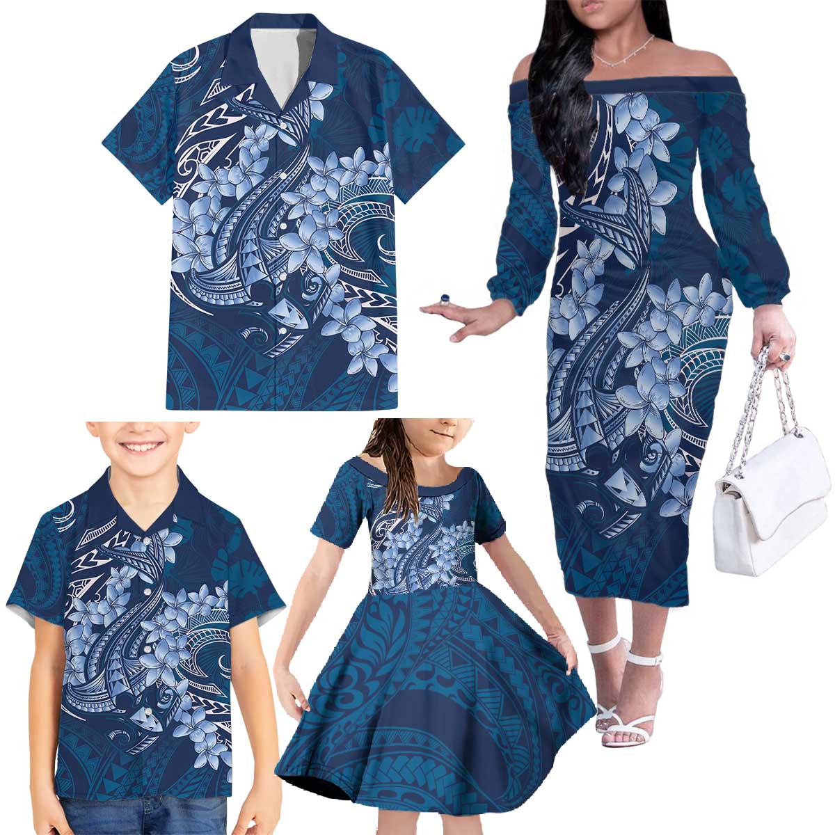 Navy Blue Polynesia Hammerhead Shark Tattoo With Plumeria Lei Family Matching Off The Shoulder Long Sleeve Dress and Hawaiian Shirt