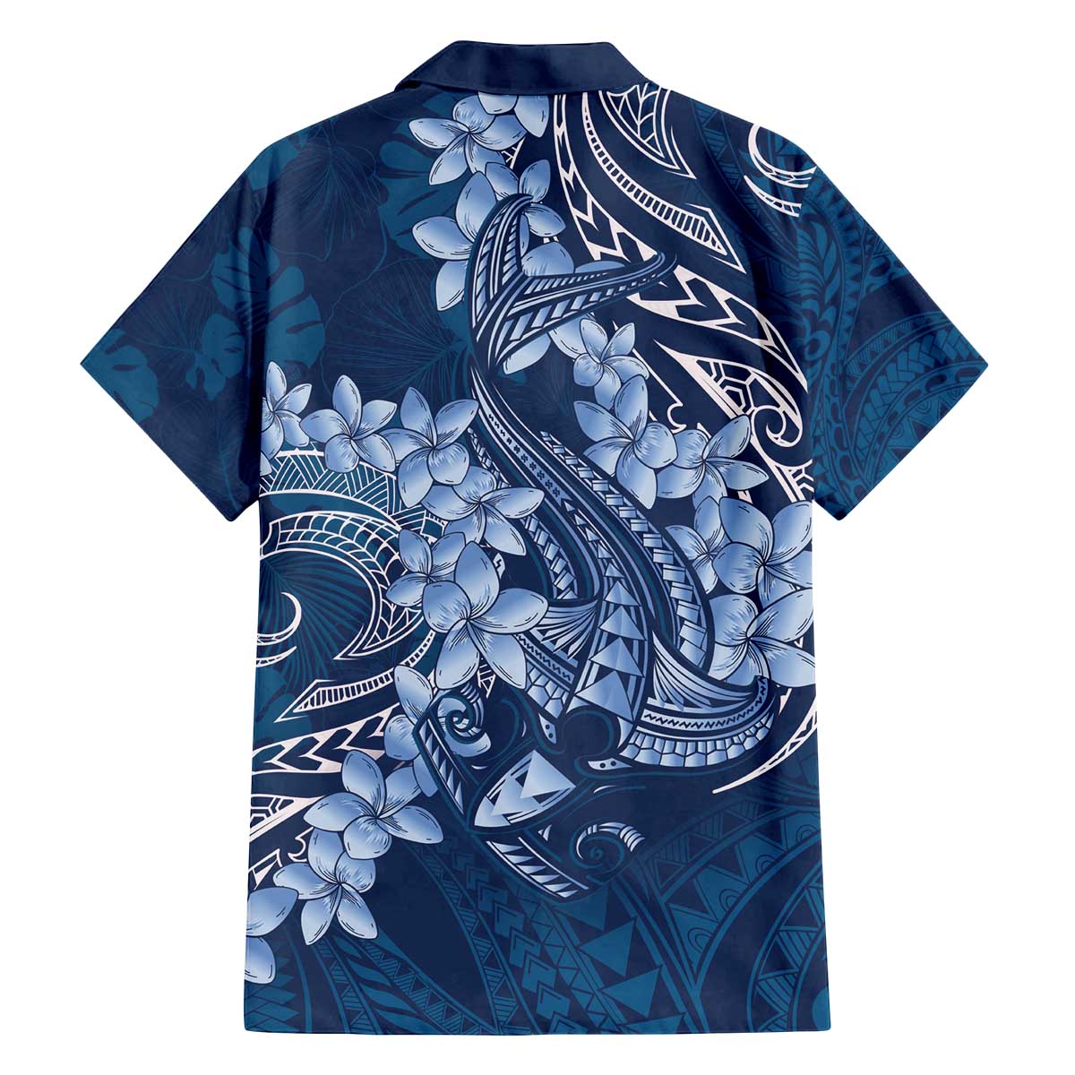 Navy Blue Polynesia Hammerhead Shark Tattoo With Plumeria Lei Family Matching Off The Shoulder Long Sleeve Dress and Hawaiian Shirt
