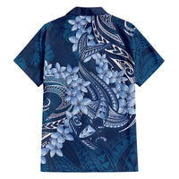 Navy Blue Polynesia Hammerhead Shark Tattoo With Plumeria Lei Family Matching Off The Shoulder Long Sleeve Dress and Hawaiian Shirt
