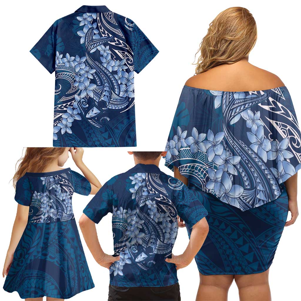 Navy Blue Polynesia Hammerhead Shark Tattoo With Plumeria Lei Family Matching Off Shoulder Short Dress and Hawaiian Shirt