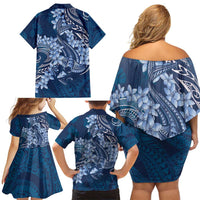 Navy Blue Polynesia Hammerhead Shark Tattoo With Plumeria Lei Family Matching Off Shoulder Short Dress and Hawaiian Shirt