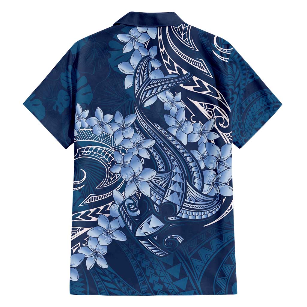 Navy Blue Polynesia Hammerhead Shark Tattoo With Plumeria Lei Family Matching Off Shoulder Short Dress and Hawaiian Shirt