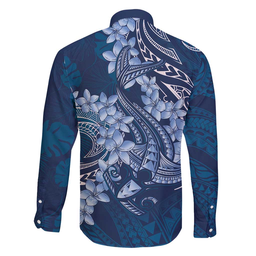 Navy Blue Polynesia Hammerhead Shark Tattoo With Plumeria Lei Family Matching Off Shoulder Short Dress and Hawaiian Shirt