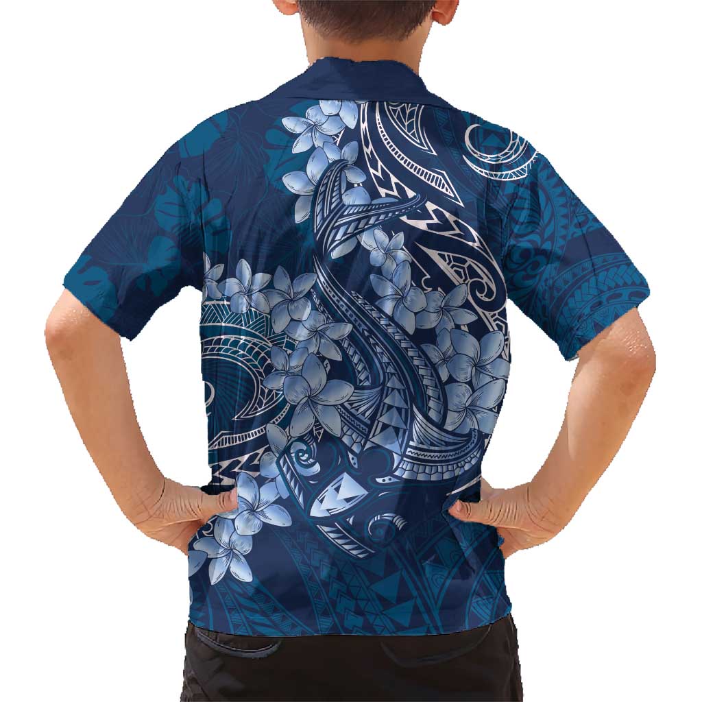 Navy Blue Polynesia Hammerhead Shark Tattoo With Plumeria Lei Family Matching Short Sleeve Bodycon Dress and Hawaiian Shirt