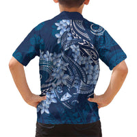 Navy Blue Polynesia Hammerhead Shark Tattoo With Plumeria Lei Family Matching Short Sleeve Bodycon Dress and Hawaiian Shirt