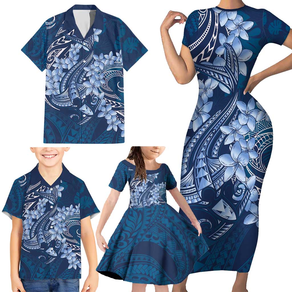 Navy Blue Polynesia Hammerhead Shark Tattoo With Plumeria Lei Family Matching Short Sleeve Bodycon Dress and Hawaiian Shirt