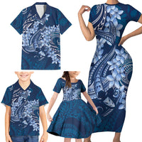 Navy Blue Polynesia Hammerhead Shark Tattoo With Plumeria Lei Family Matching Short Sleeve Bodycon Dress and Hawaiian Shirt