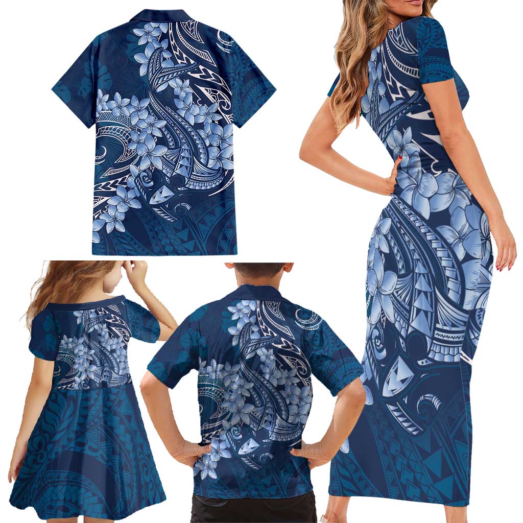 Navy Blue Polynesia Hammerhead Shark Tattoo With Plumeria Lei Family Matching Short Sleeve Bodycon Dress and Hawaiian Shirt