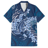 Navy Blue Polynesia Hammerhead Shark Tattoo With Plumeria Lei Family Matching Short Sleeve Bodycon Dress and Hawaiian Shirt