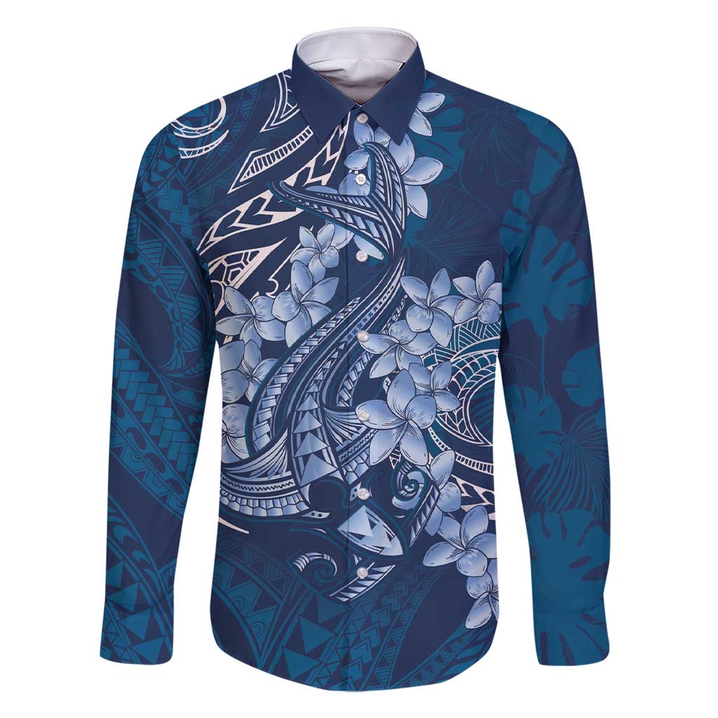 Navy Blue Polynesia Hammerhead Shark Tattoo With Plumeria Lei Family Matching Short Sleeve Bodycon Dress and Hawaiian Shirt