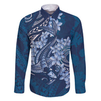 Navy Blue Polynesia Hammerhead Shark Tattoo With Plumeria Lei Family Matching Short Sleeve Bodycon Dress and Hawaiian Shirt