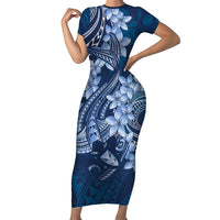 Navy Blue Polynesia Hammerhead Shark Tattoo With Plumeria Lei Family Matching Short Sleeve Bodycon Dress and Hawaiian Shirt
