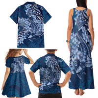 Navy Blue Polynesia Hammerhead Shark Tattoo With Plumeria Lei Family Matching Tank Maxi Dress and Hawaiian Shirt