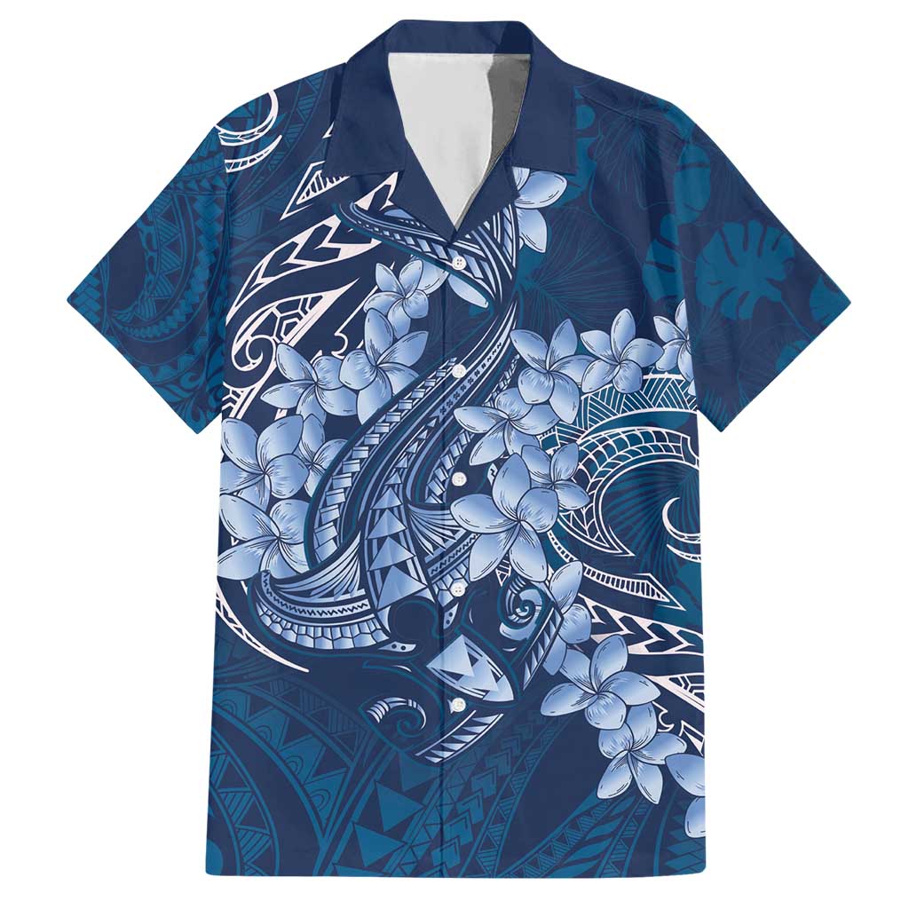 Navy Blue Polynesia Hammerhead Shark Tattoo With Plumeria Lei Hawaiian Shirt