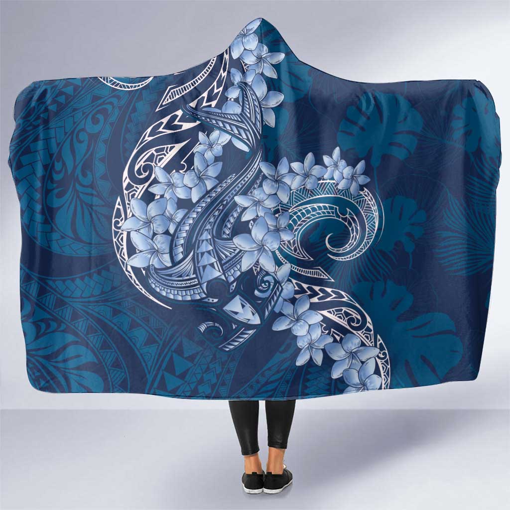 Navy Blue Polynesia Hammerhead Shark Tattoo With Plumeria Lei Hooded Blanket