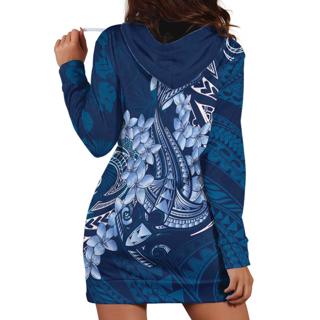 Navy Blue Polynesia Hammerhead Shark Tattoo With Plumeria Lei Hoodie Dress