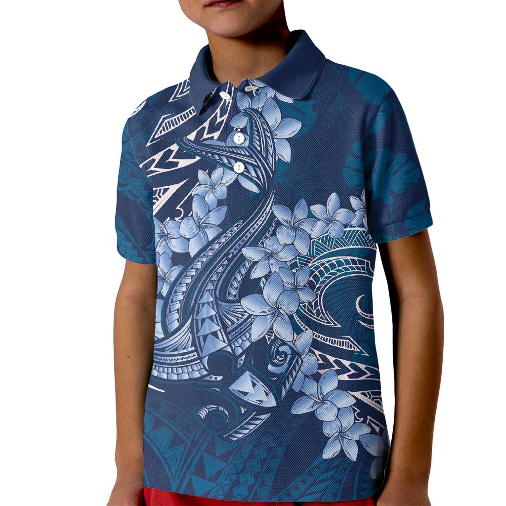 Navy Blue Polynesia Hammerhead Shark Tattoo With Plumeria Lei Kid Polo Shirt LT14 Kid Navy Blue - Polynesian Pride