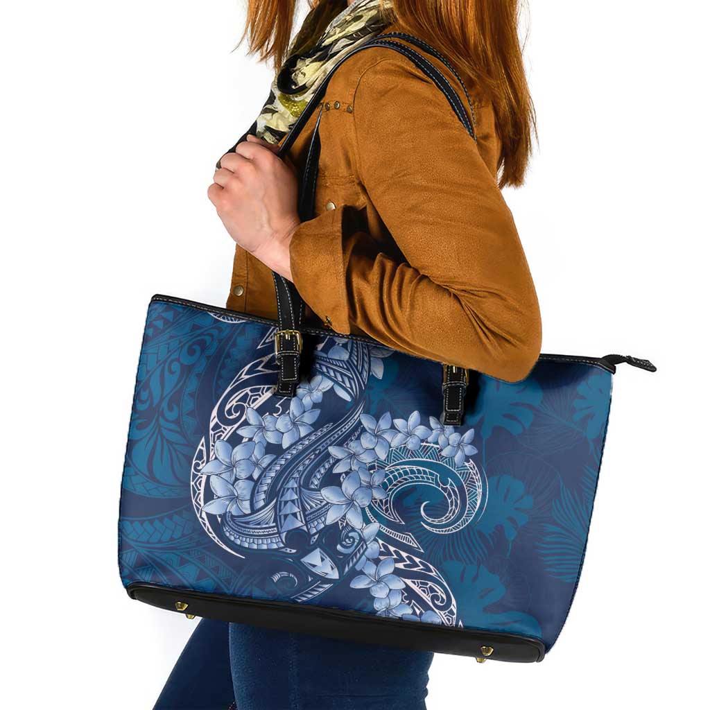 Navy Blue Polynesia Hammerhead Shark Tattoo With Plumeria Lei Leather Tote Bag LT14 Navy Blue - Polynesian Pride