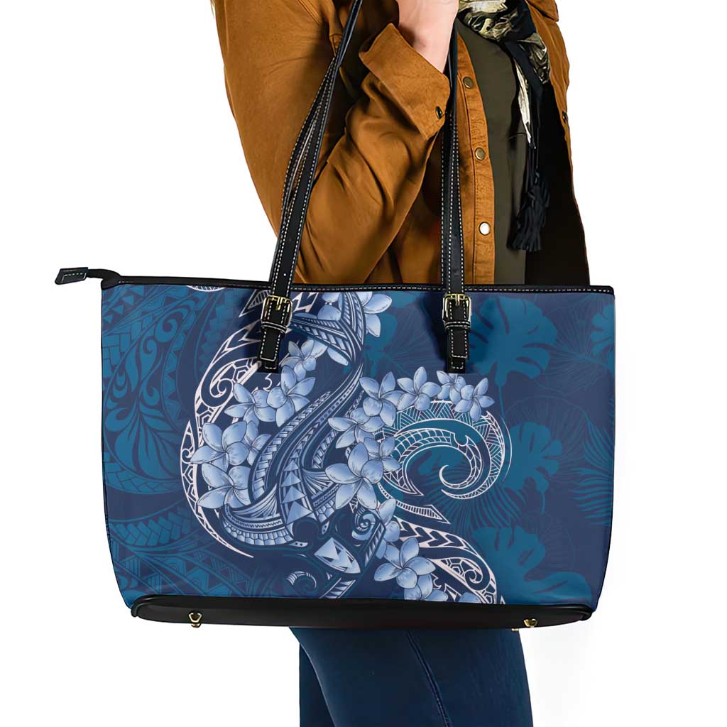 Navy Blue Polynesia Hammerhead Shark Tattoo With Plumeria Lei Leather Tote Bag LT14 - Polynesian Pride