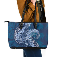 Navy Blue Polynesia Hammerhead Shark Tattoo With Plumeria Lei Leather Tote Bag LT14 - Polynesian Pride
