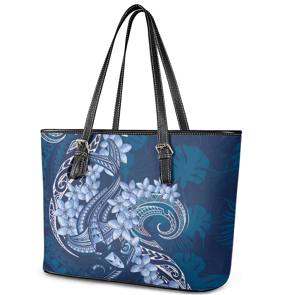 Navy Blue Polynesia Hammerhead Shark Tattoo With Plumeria Lei Leather Tote Bag LT14 - Polynesian Pride