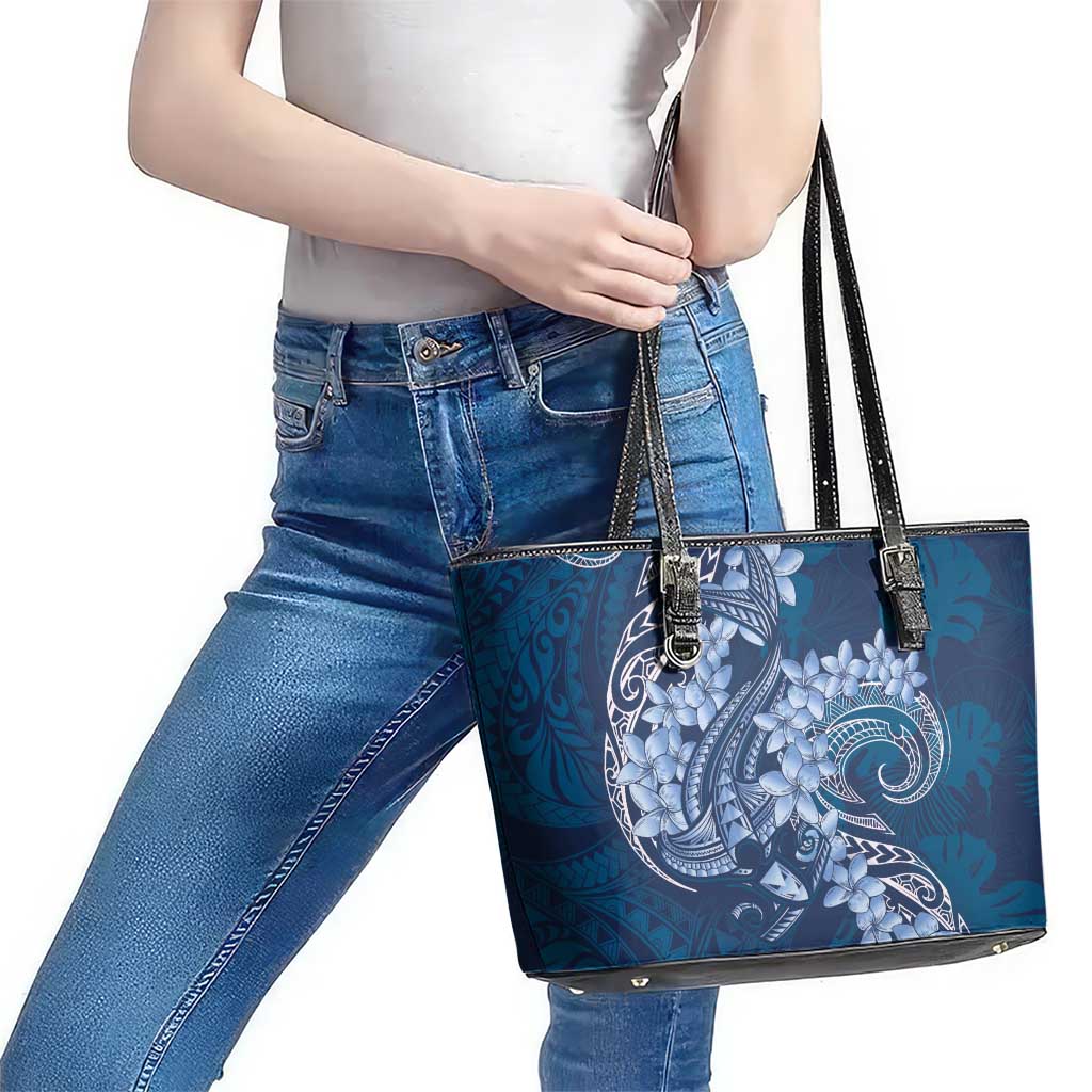 Navy Blue Polynesia Hammerhead Shark Tattoo With Plumeria Lei Leather Tote Bag LT14 - Polynesian Pride
