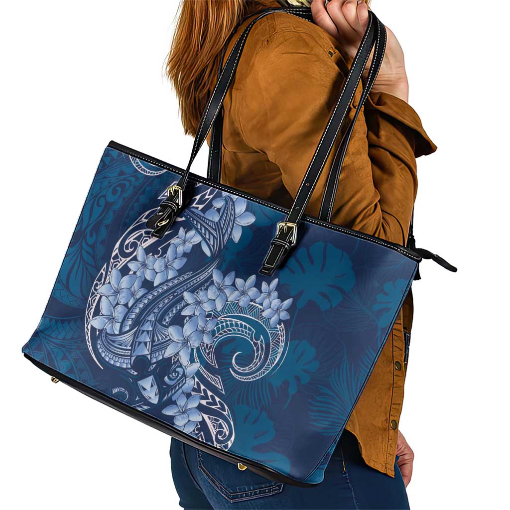Navy Blue Polynesia Hammerhead Shark Tattoo With Plumeria Lei Leather Tote Bag LT14 - Polynesian Pride