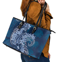 Navy Blue Polynesia Hammerhead Shark Tattoo With Plumeria Lei Leather Tote Bag LT14 - Polynesian Pride