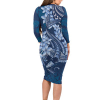 Navy Blue Polynesia Hammerhead Shark Tattoo With Plumeria Lei Long Sleeve Bodycon Dress