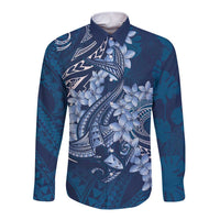 Navy Blue Polynesia Hammerhead Shark Tattoo With Plumeria Lei Long Sleeve Button Shirt