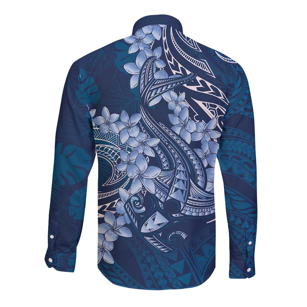 Navy Blue Polynesia Hammerhead Shark Tattoo With Plumeria Lei Long Sleeve Button Shirt