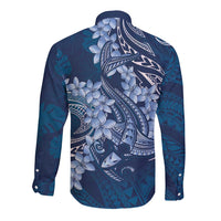 Navy Blue Polynesia Hammerhead Shark Tattoo With Plumeria Lei Long Sleeve Button Shirt