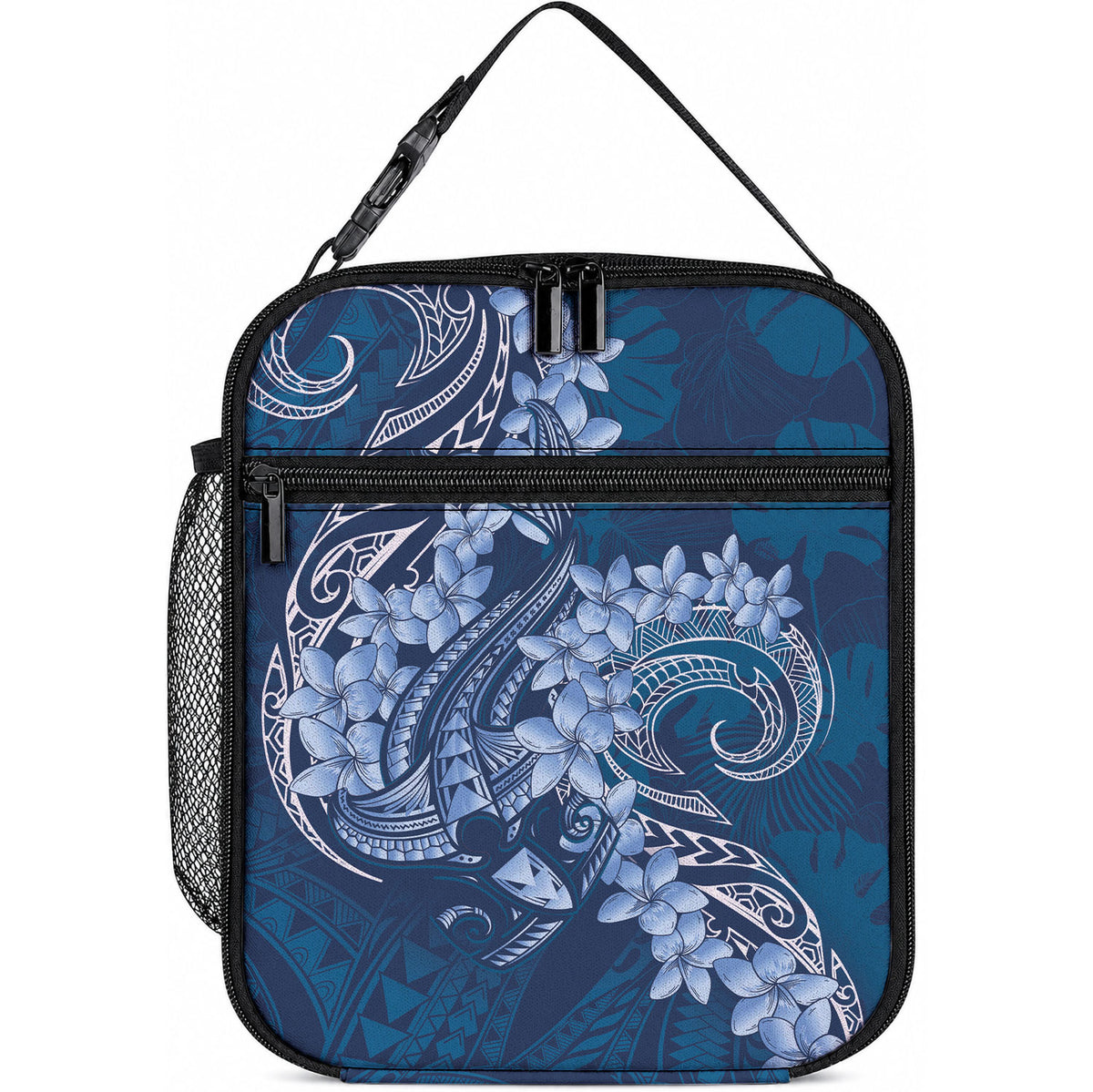 Navy Blue Polynesia Hammerhead Shark Tattoo With Plumeria Lei Lunch Bag LT14 10.2 × 8.3 × 4.3 inch Navy Blue - Polynesian Pride