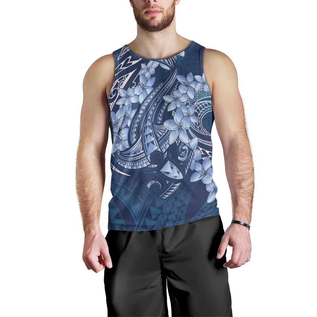 Navy Blue Polynesia Hammerhead Shark Tattoo With Plumeria Lei Men Tank Top