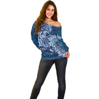 Navy Blue Polynesia Hammerhead Shark Tattoo With Plumeria Lei Off Shoulder Sweater