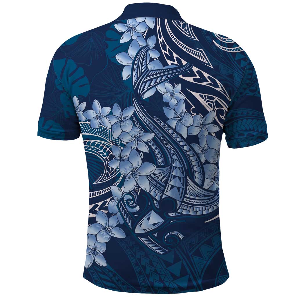 Navy Blue Polynesia Hammerhead Shark Tattoo With Plumeria Lei Polo Shirt